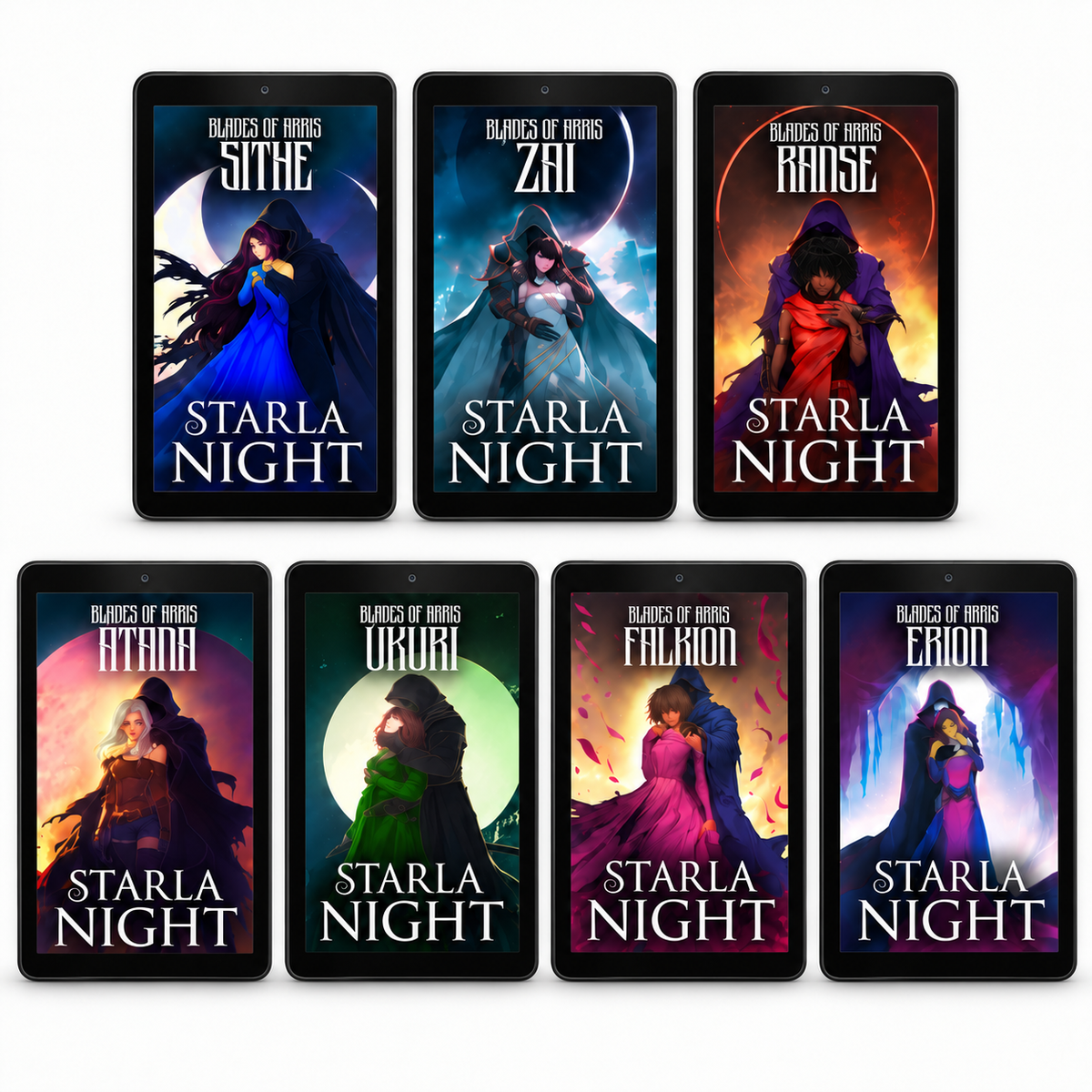 The seven Blades of Arris ebooks displayed on plain ereaders