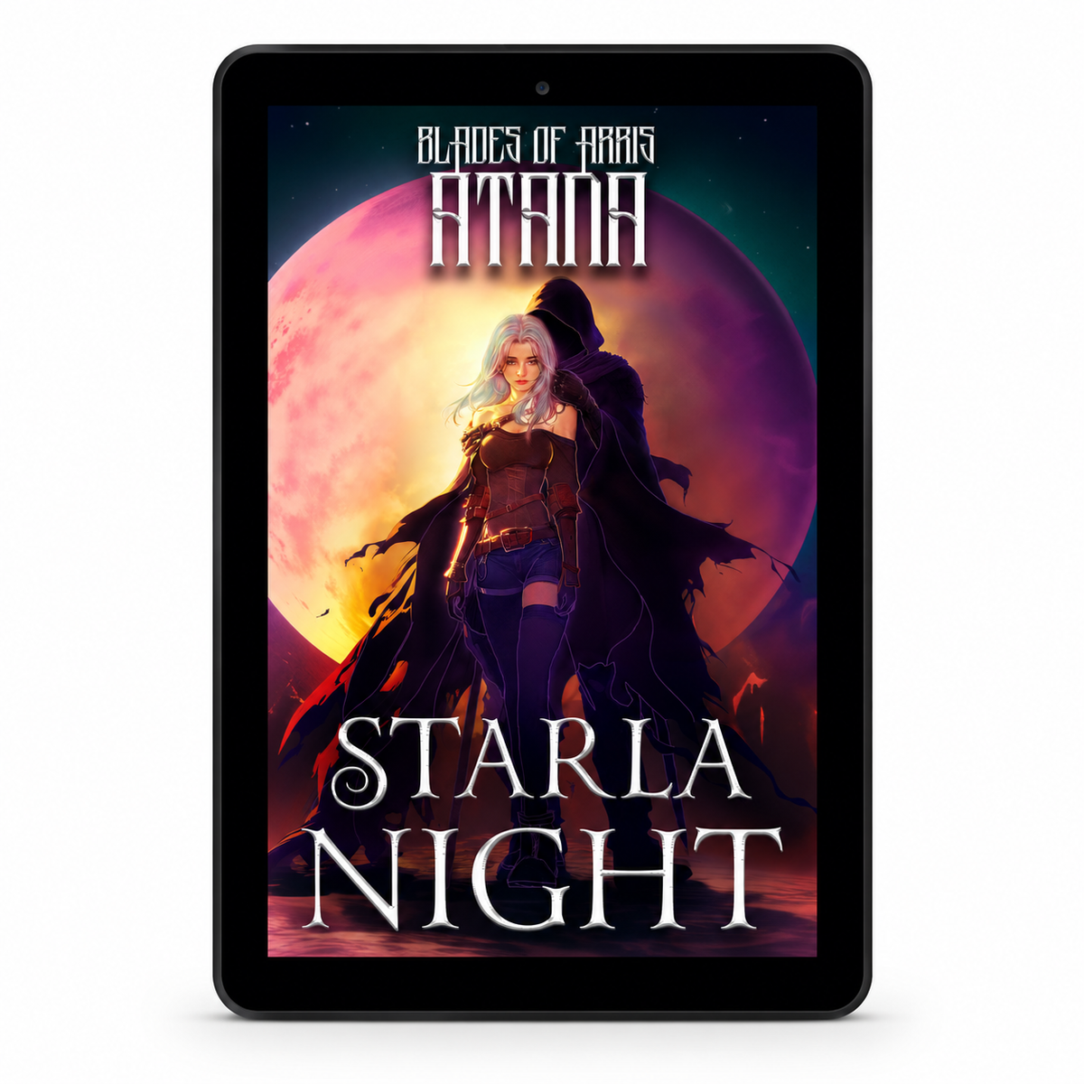 Blades of Arris: Atana ebook on a tablet — current illustrated cover