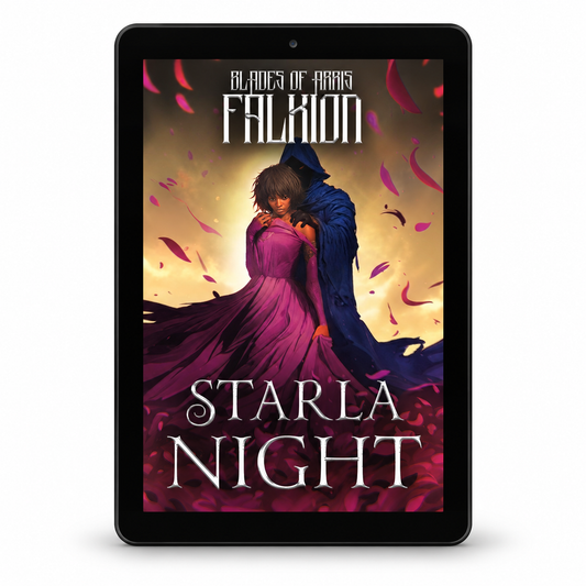 Blades of Arris: Falkion ebook on a tablet — current illustrated cover