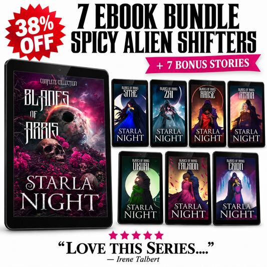 Blades of Arris complete collection tablet at left with all seven individual ebook covers at right: Sithe, Zai, Ranse, Atana, Ukuri, Falkion and Erion