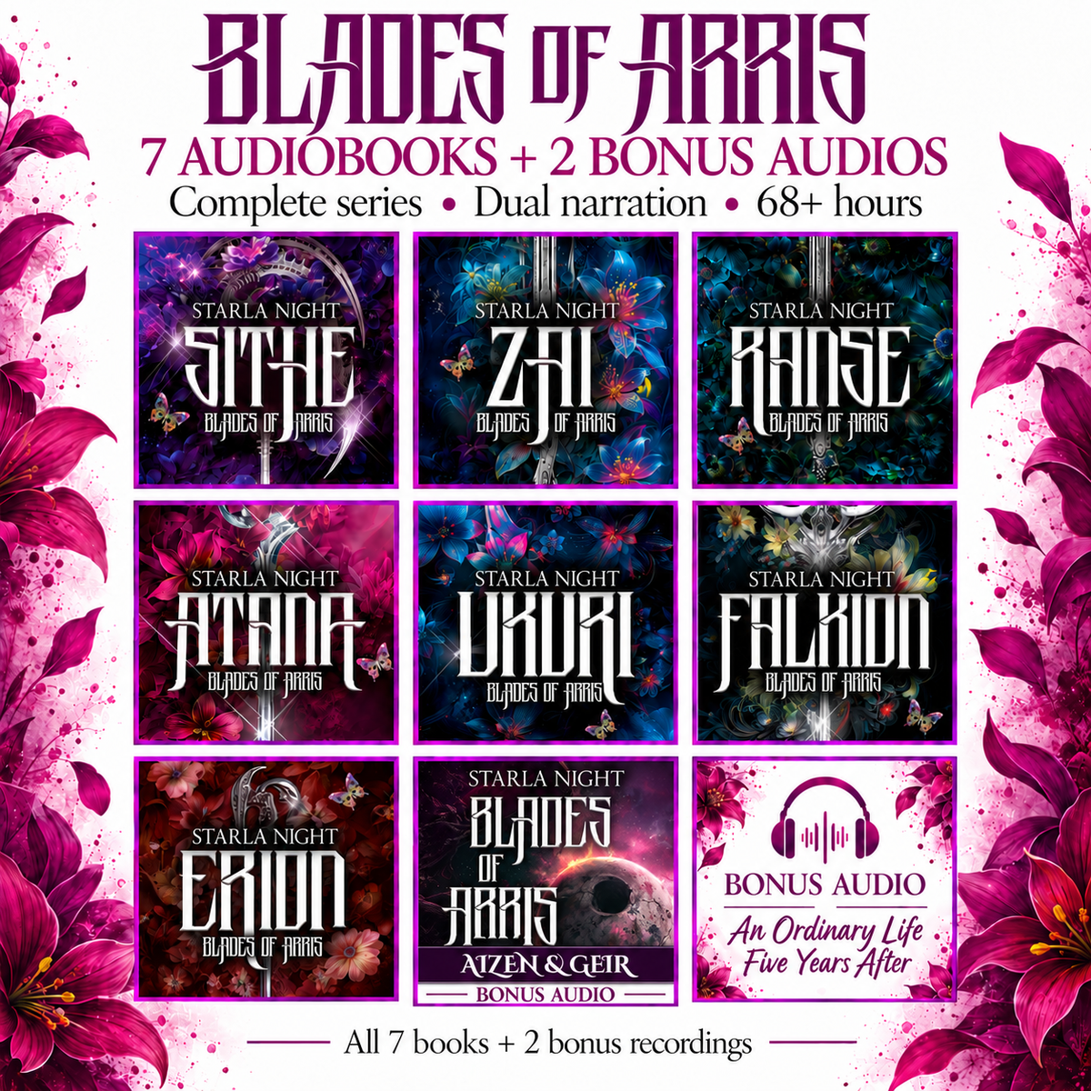 Blades of Arris in dual narration: all seven audiobooks Sithe, Zai, Ranse, Atana, Ukuri, Falkion and Erion, plus Aizen & Geir and An Ordinary Life Five Years After bonus recordings