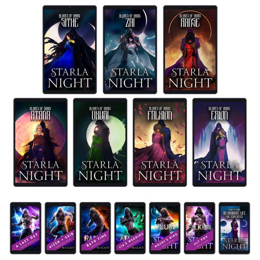 Blades of Arris: all seven ebooks plus A Lazy Day, Aizen & Geir, Bath Time, Lia’s Wedding, Noemi’s Ring, Falkion alternate POV scenes, and An Ordinary Life Five Years After